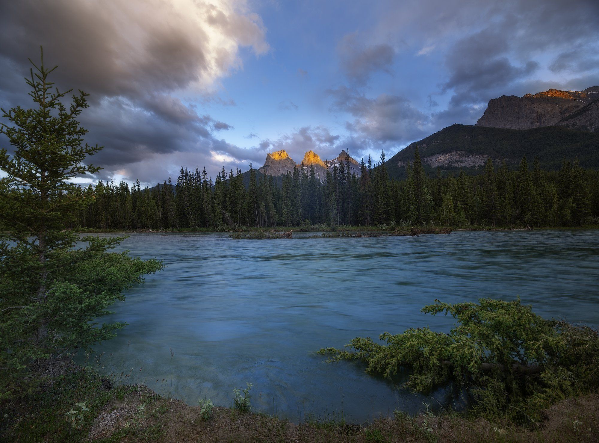 bow, rockies, river, sky, sunset, light, mountains, Evgeny Chertov