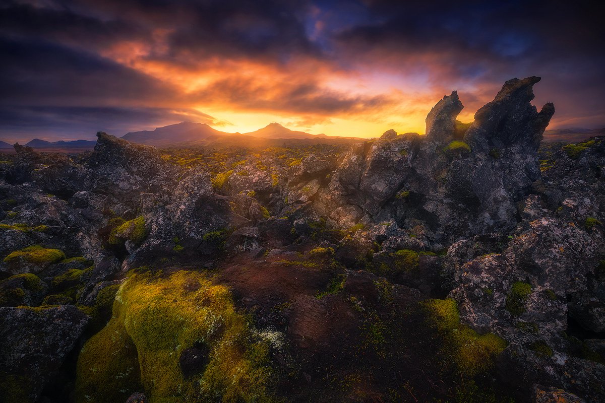 lava, fields, iceland, landscape, sunrise, clouds, rock, mountains, Roberto Pavic