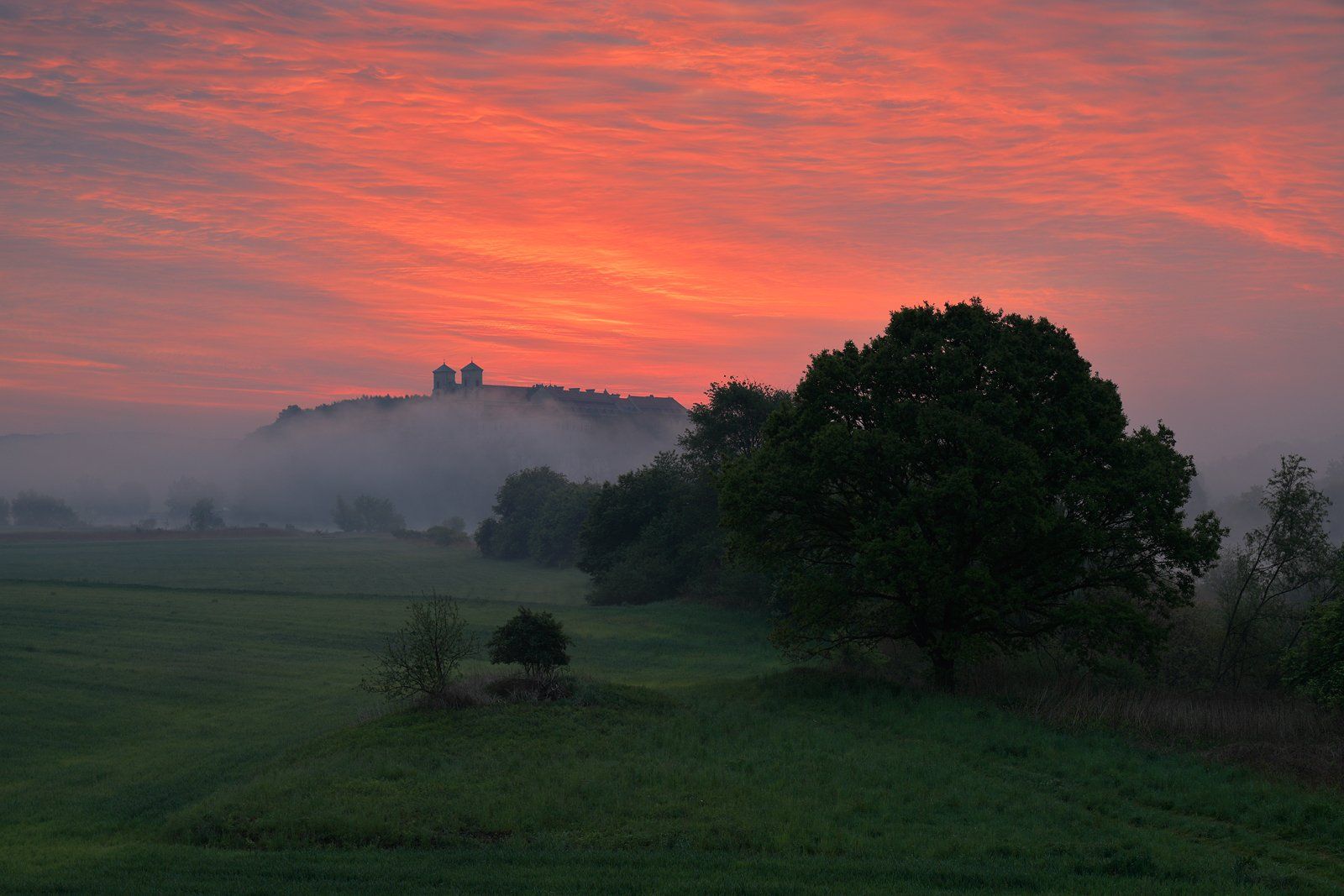 red, sky, cloud, mist, sunrise, morning, tree, monastery, church, tyniec,, Jacek Lisiewicz