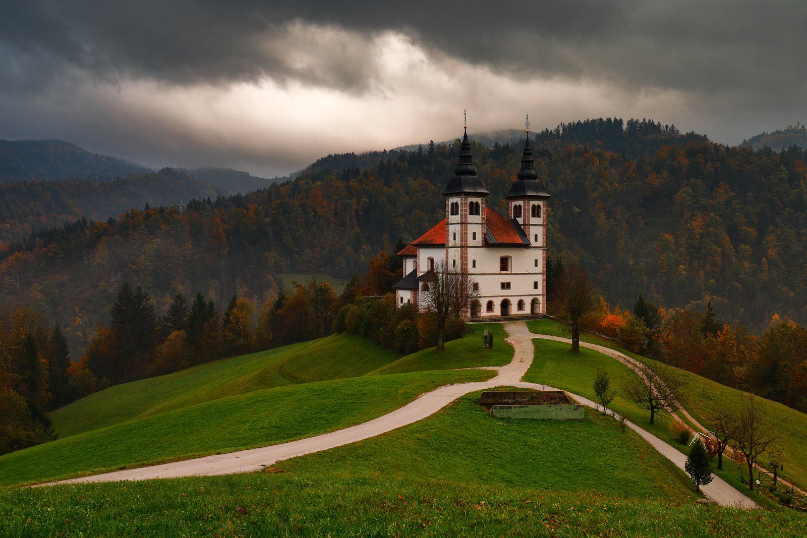 church, slovenia, autumn, evening, cloud, road,, Jacek Lisiewicz