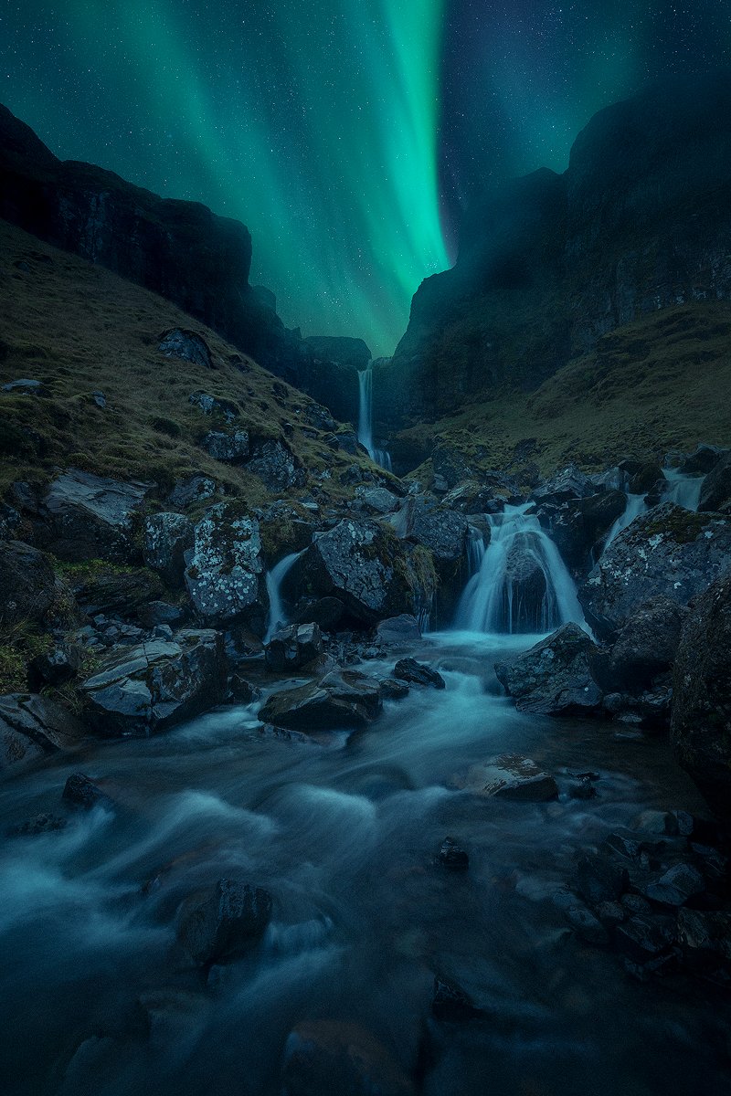 iceland, waterfall, aurora, borealis, night, landscape, rock, mountain, , Roberto Pavic