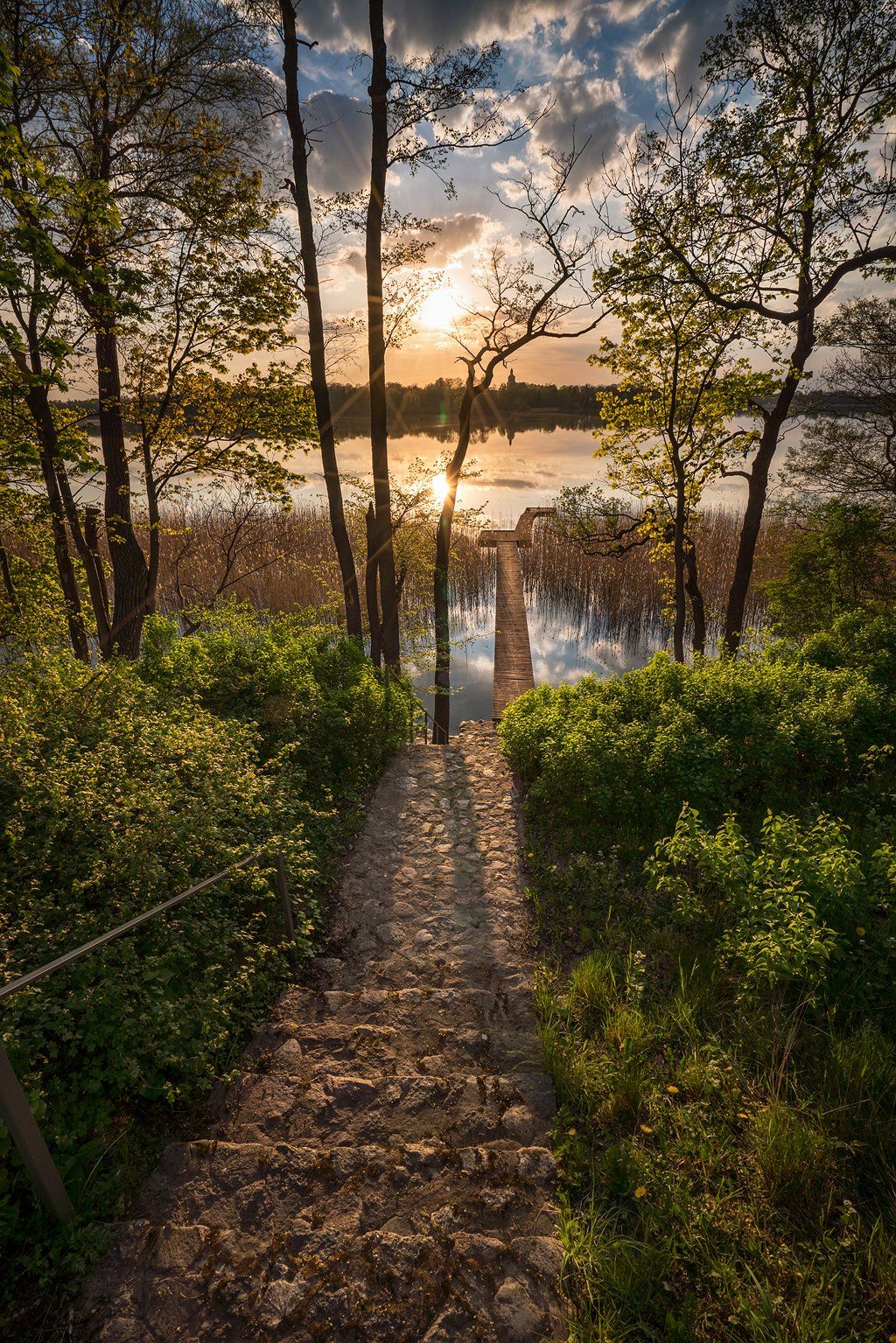 sunset over the lake sun water green trees sunlight mirror dranikowski stairs bridge poland sony clouds, Radoslaw Dranikowski