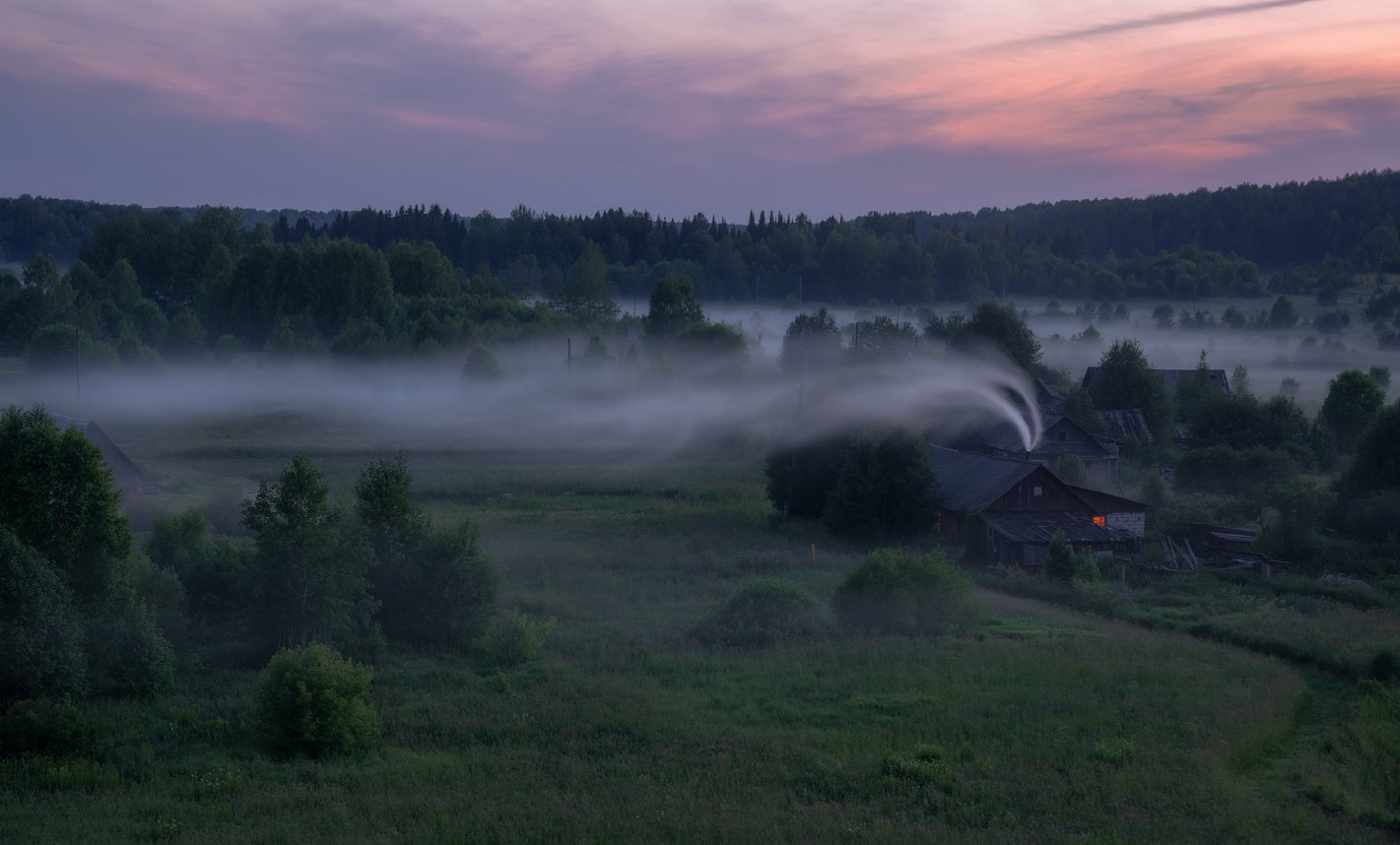 село, сумерки, туман, дымок, Александр Архипкин