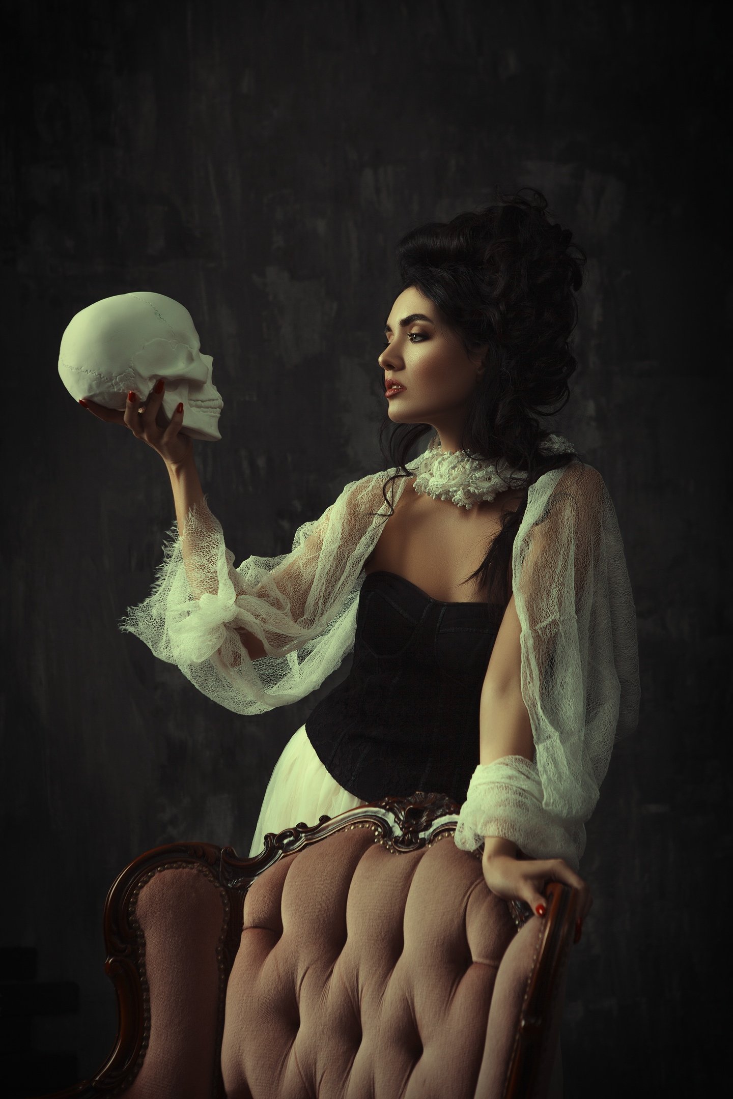 hamlet, skull, lady, fashion, dark, goth, retro, portrait, renaissance, woman, phone,, Катерина Клио