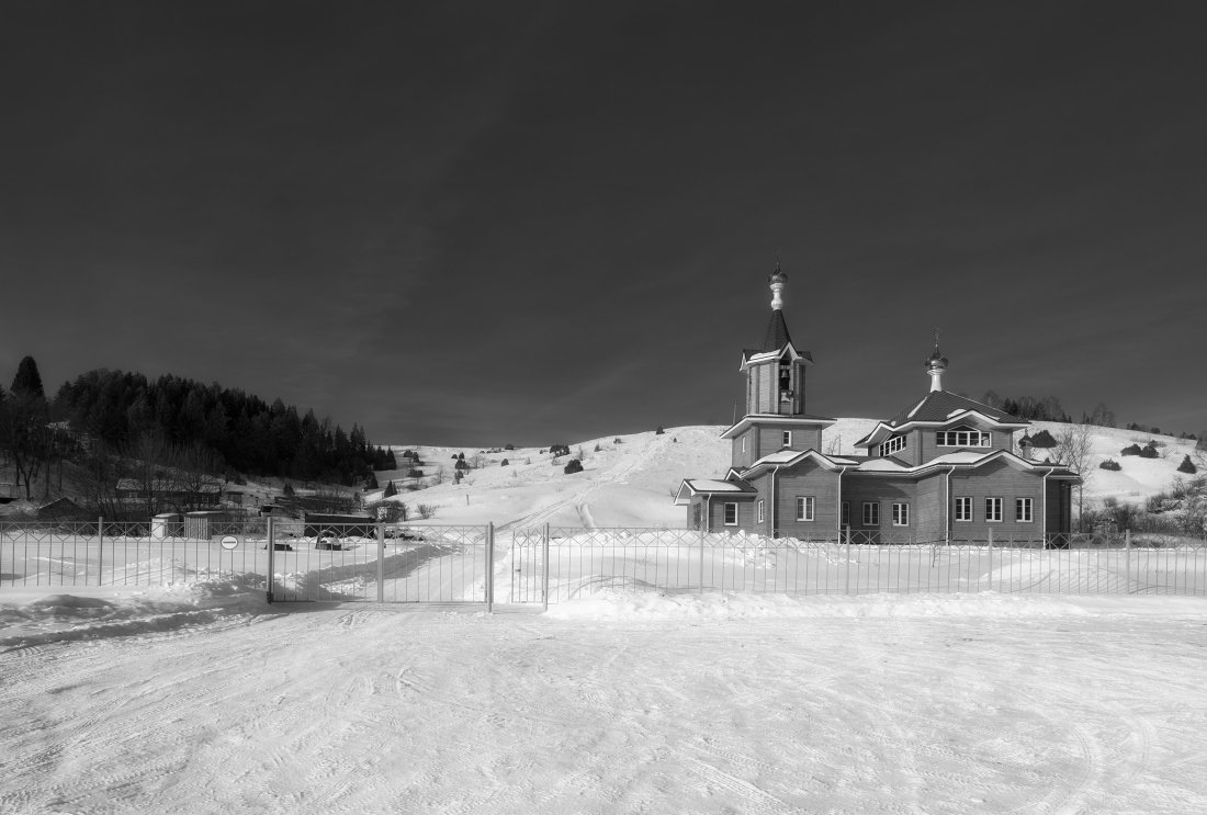 склон, церковь, дерево, лес, зима, снег, Георгий Машковцев