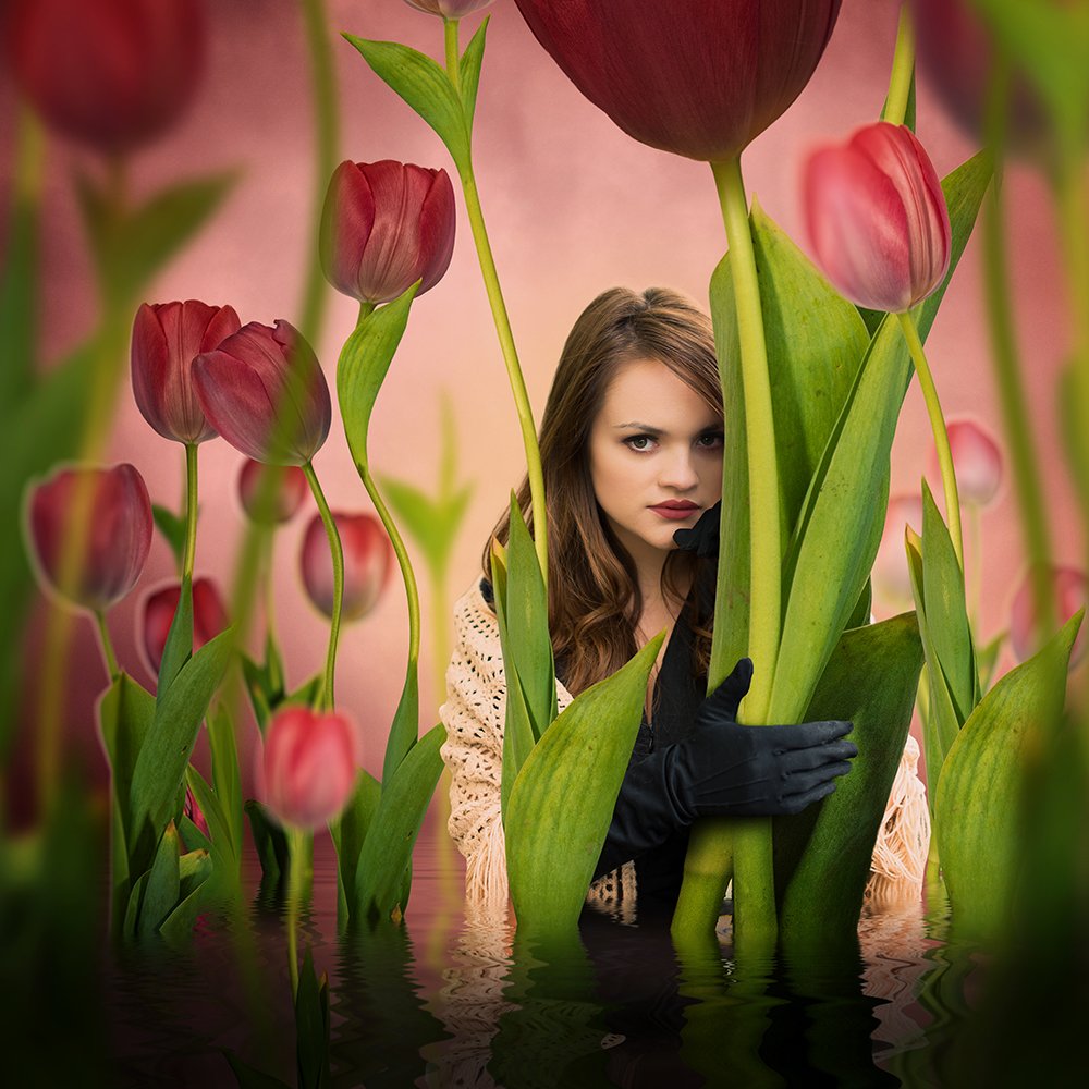 red, tulip, girl, andreea, water, reflection, tutorial, psd, manipulation, gree, leaf, beauty, fashion, Caras Ionut