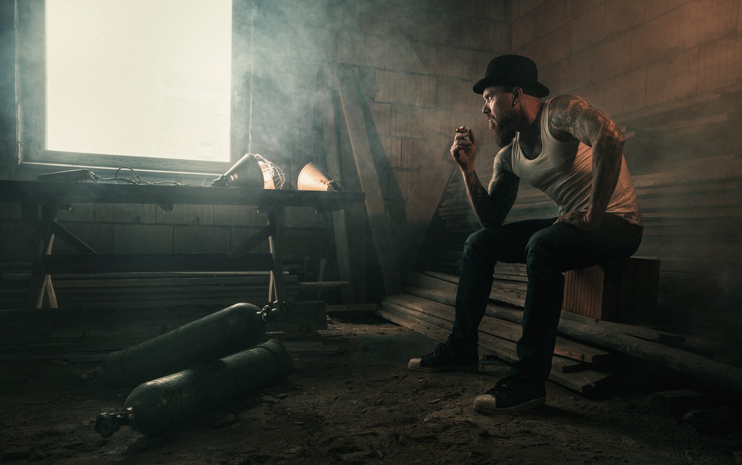 man,cigar,dark, moody, portrait, tattoo, smoke,smoking, room, cinematic,sony,, Przemyslaw Koch