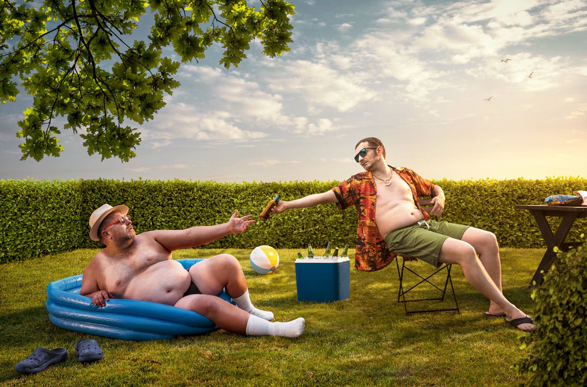 men,beer,backyard,back,yard,humor,funny,summer,grill,party,fat,man,swimming pool,, Przemyslaw Koch