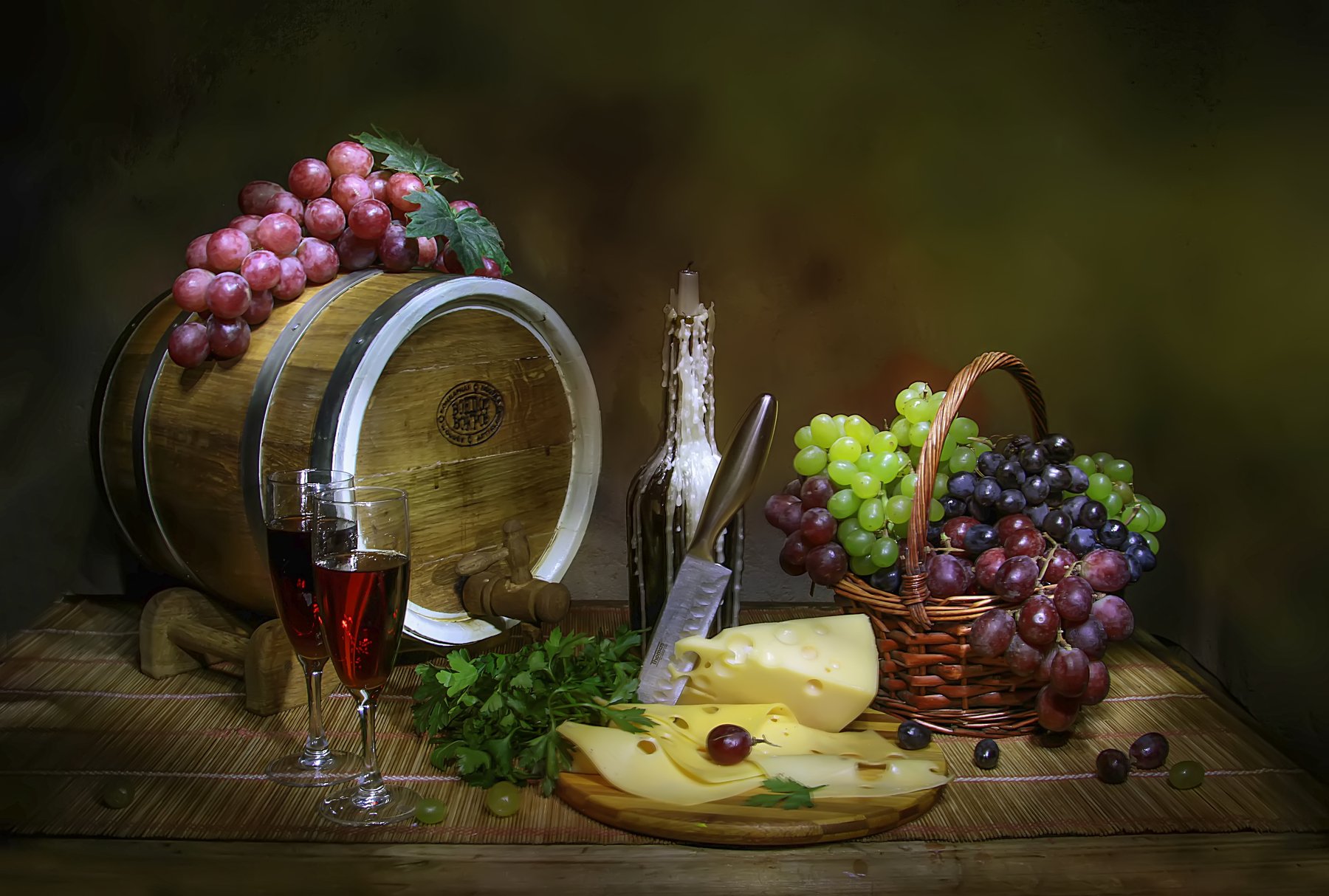 натюрморт, виноград, вино, сыр, Татьяна Феденкова