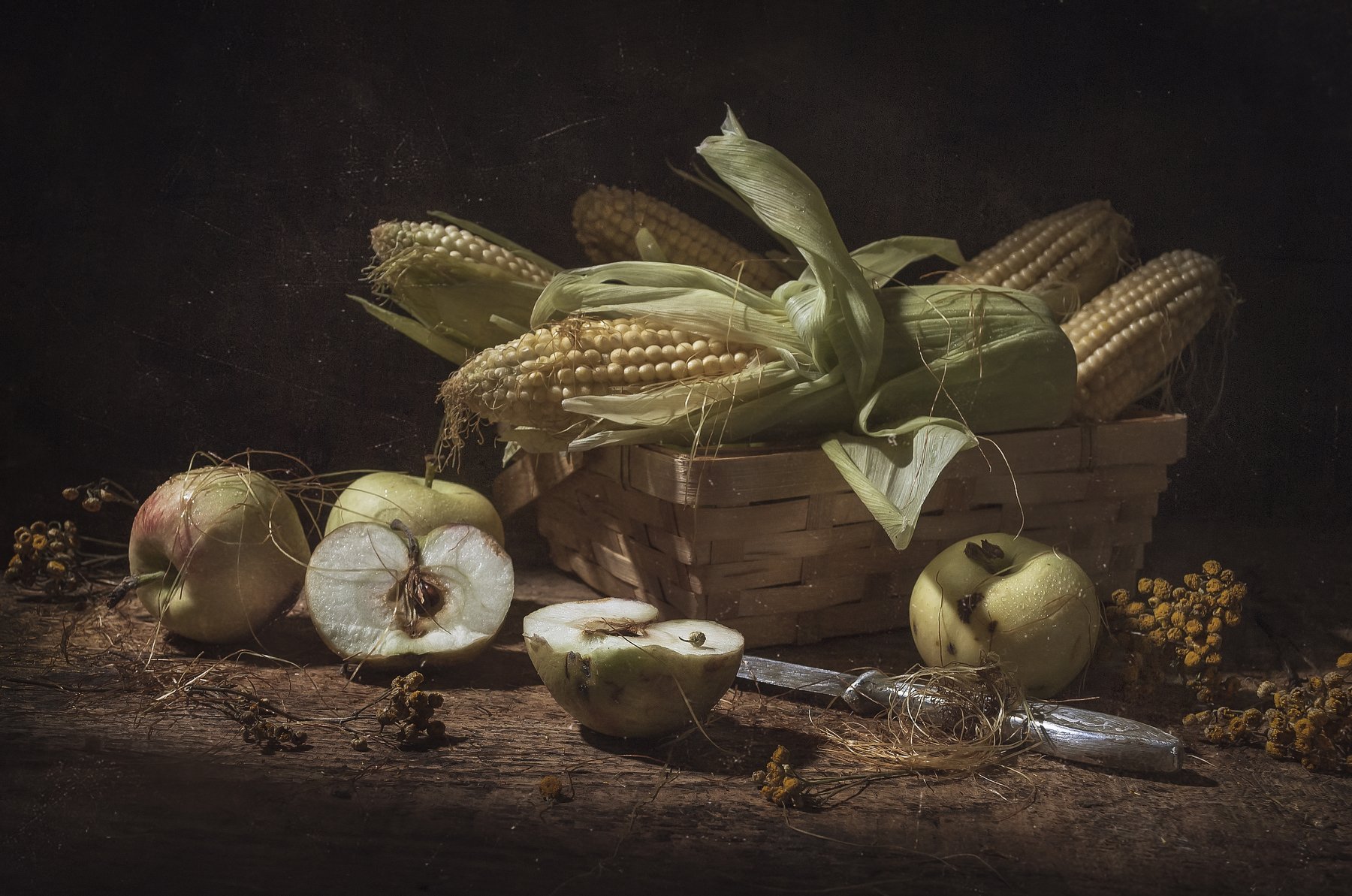 кукуруза,яблоки,корзина,старый,деревенский,овощи,фрукты, Владимир Володин
