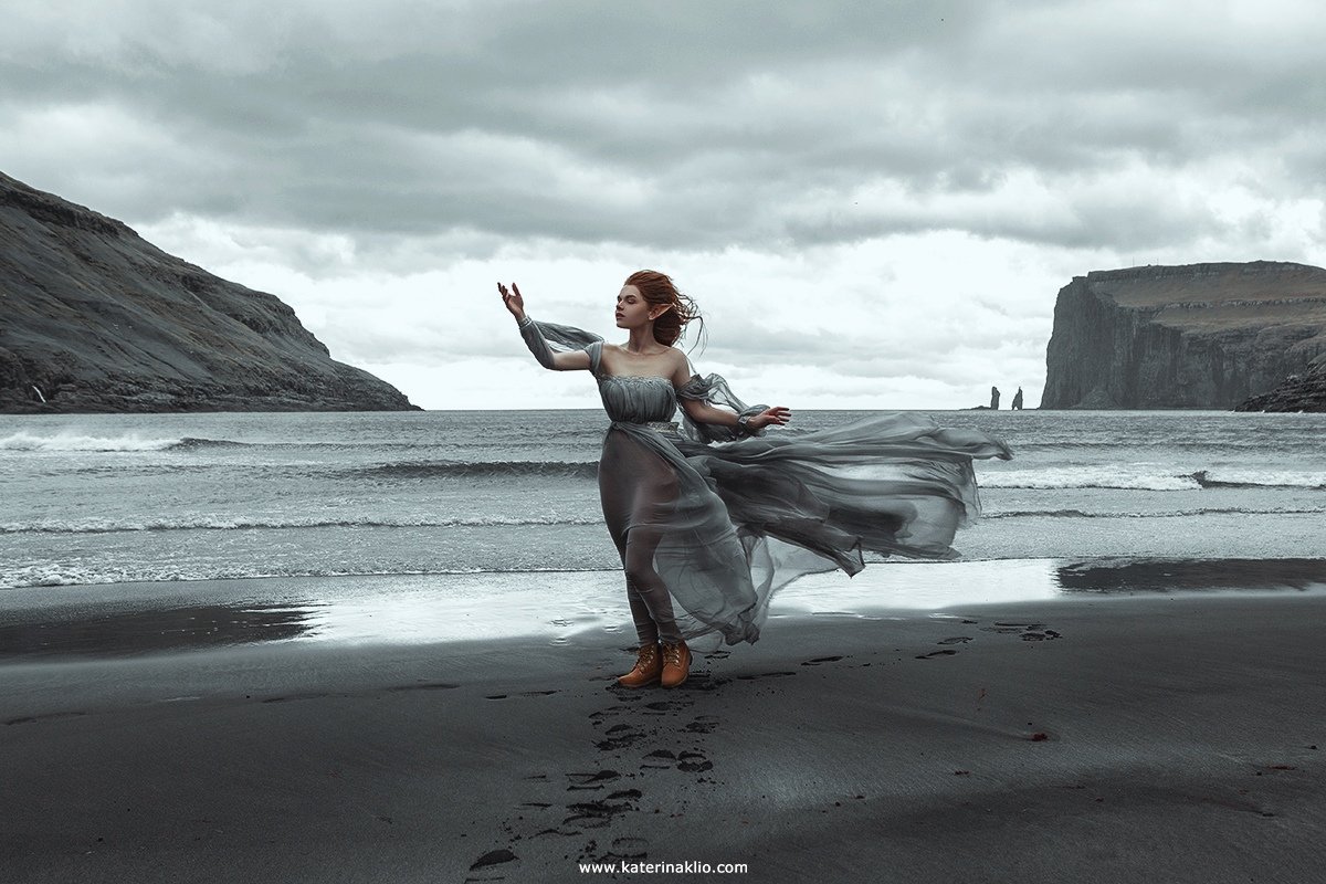 elf, Scandinavia, fog, nature, landscape, fairy, Faroe, wind, wild, model, woman, ocean,, Катерина Клио