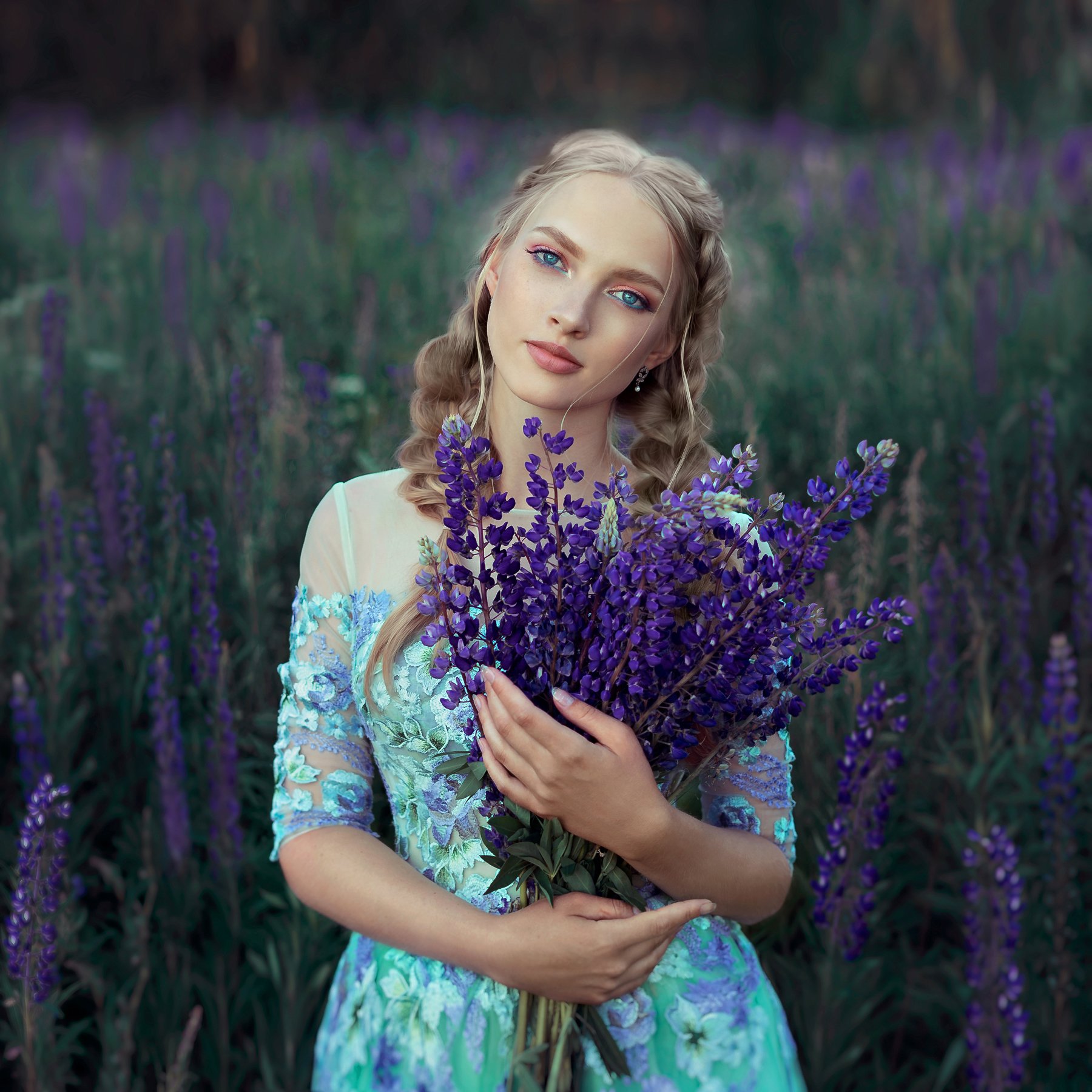 lilac, blossom, flower, dress, blue, purple, blond, Екатерина Кулакова