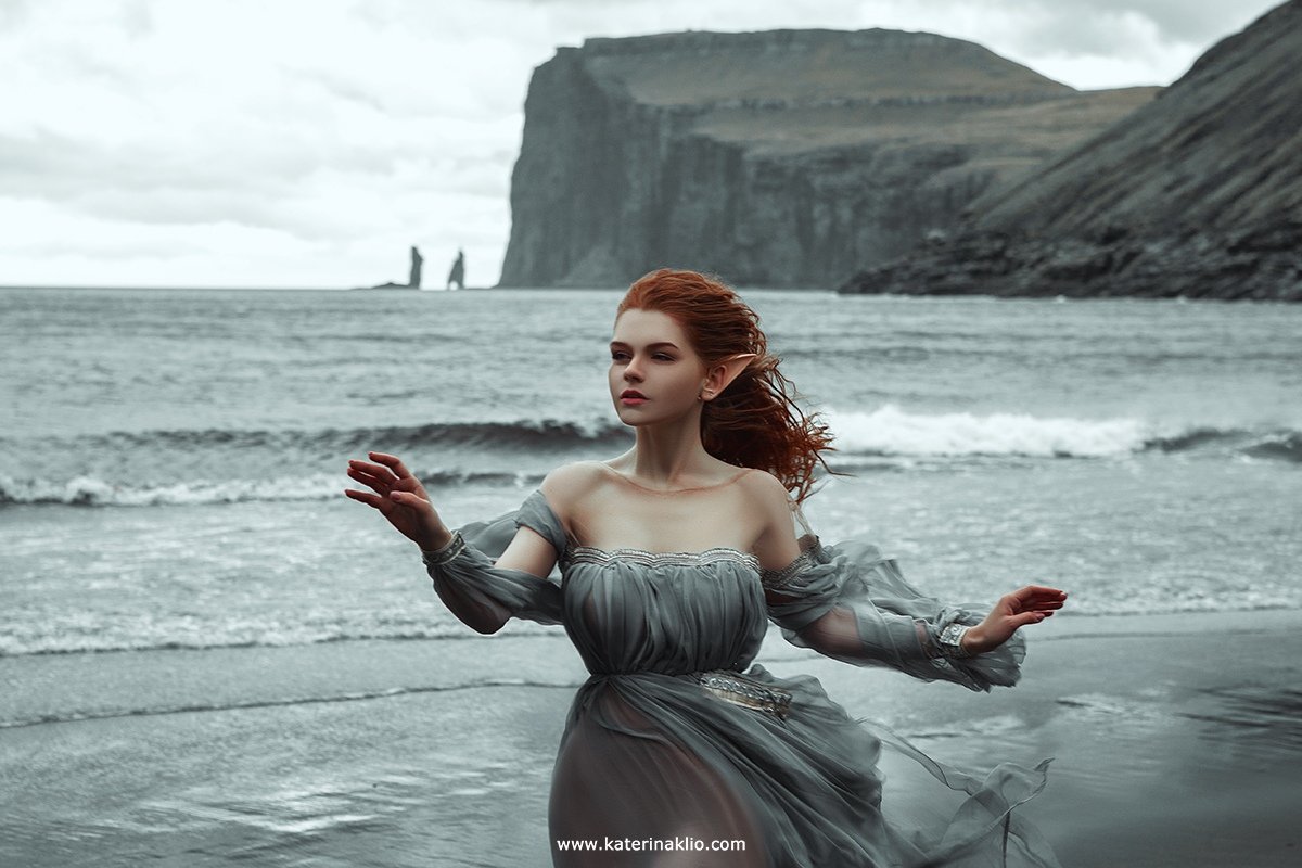elf, Scandinavia, fog, nature, landscape, fairy, Faroe, wind, wild, model, woman, ocean,, Катерина Клио
