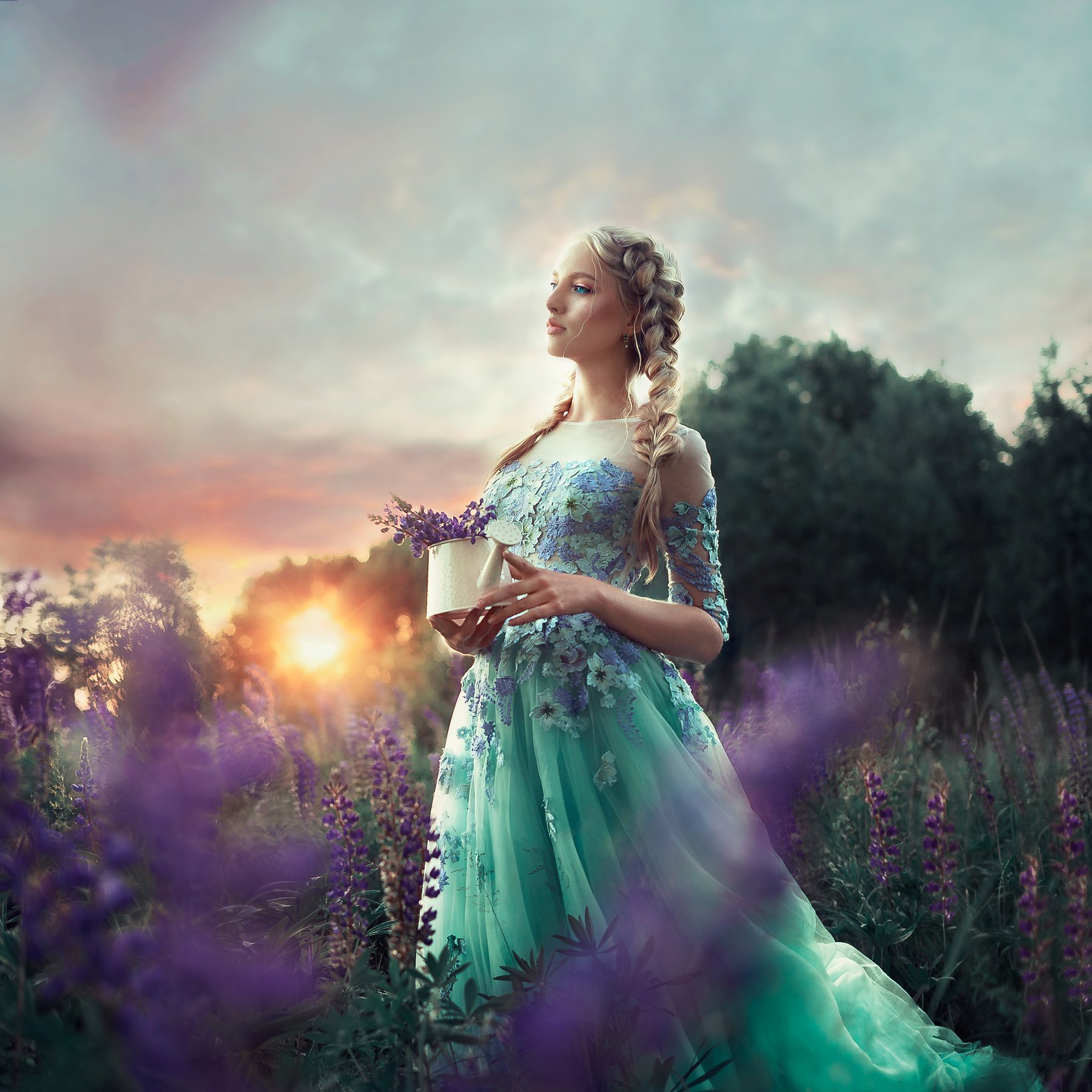 lilac, blossom, flower, dress, blue, sun, sunset, purple, blond, Екатерина Кулакова