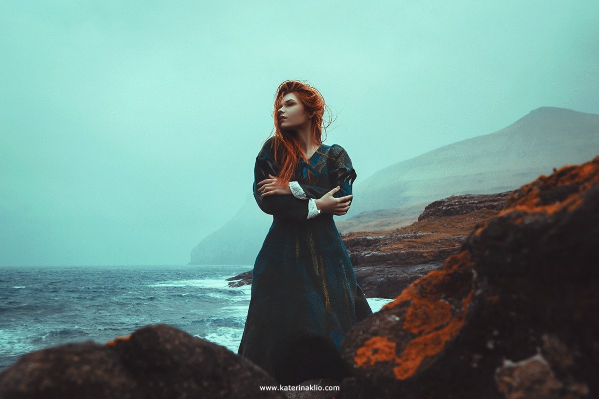 Ginger, ocean, portrait, redhead, woman, model, lady, wild, wind, rain, storm, mood,, Катерина Клио