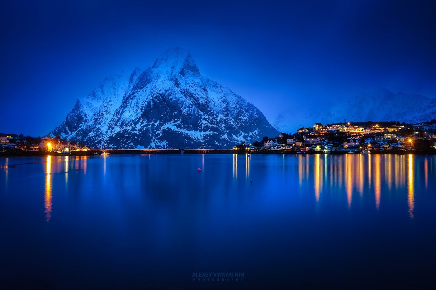 lofoten, norway, winter, mirror, water, blue hour, lights, Алексей Вымятнин