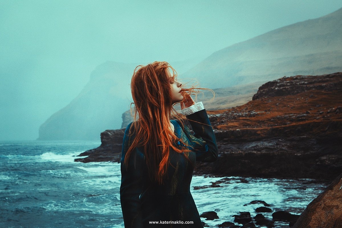Ginger, ocean, portrait, redhead, woman, model, lady, wild, wind, rain, storm, mood,, Катерина Клио