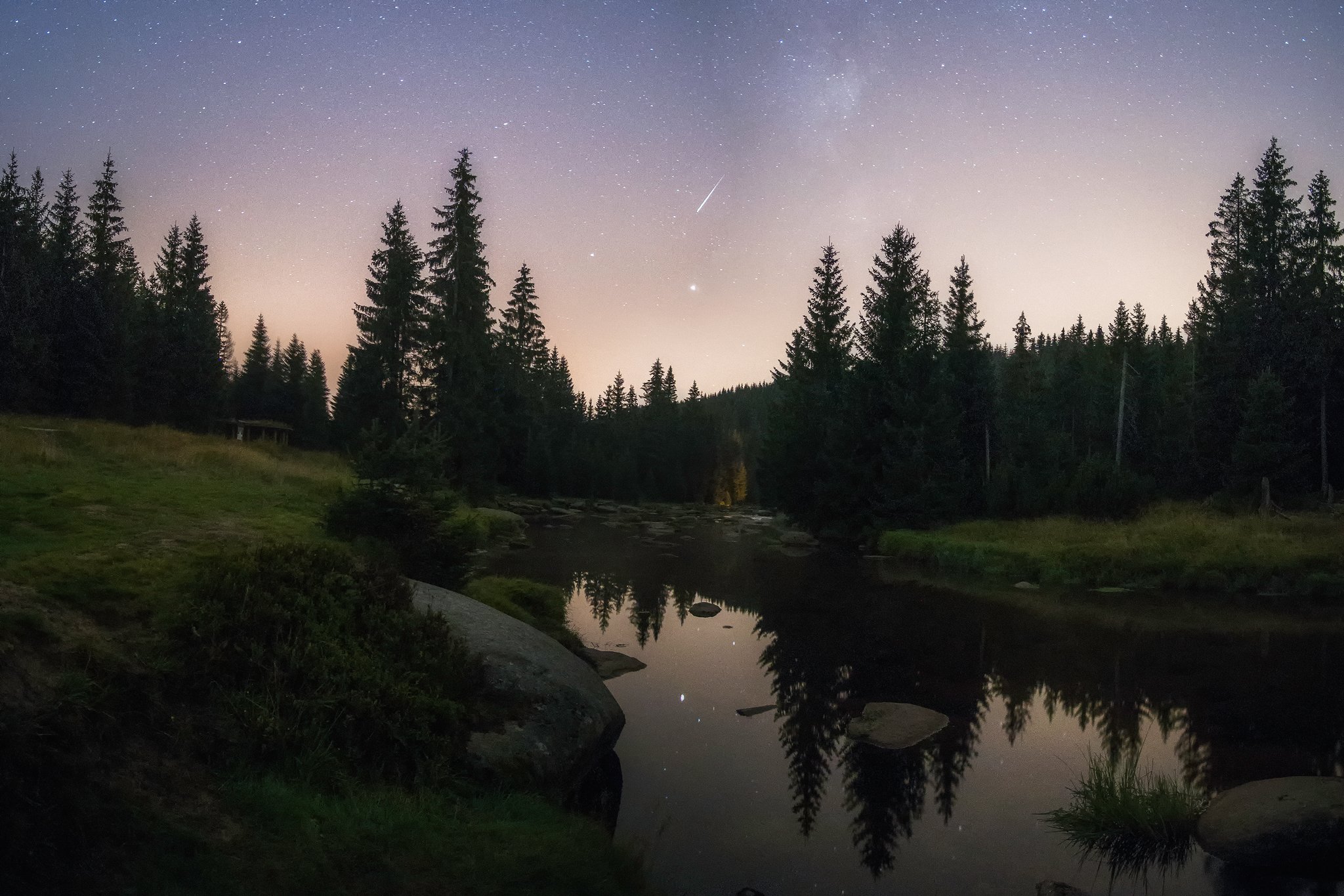 night, Poland, river, sky, forest, Izery, Jizerka, Błażej Krzyżanek