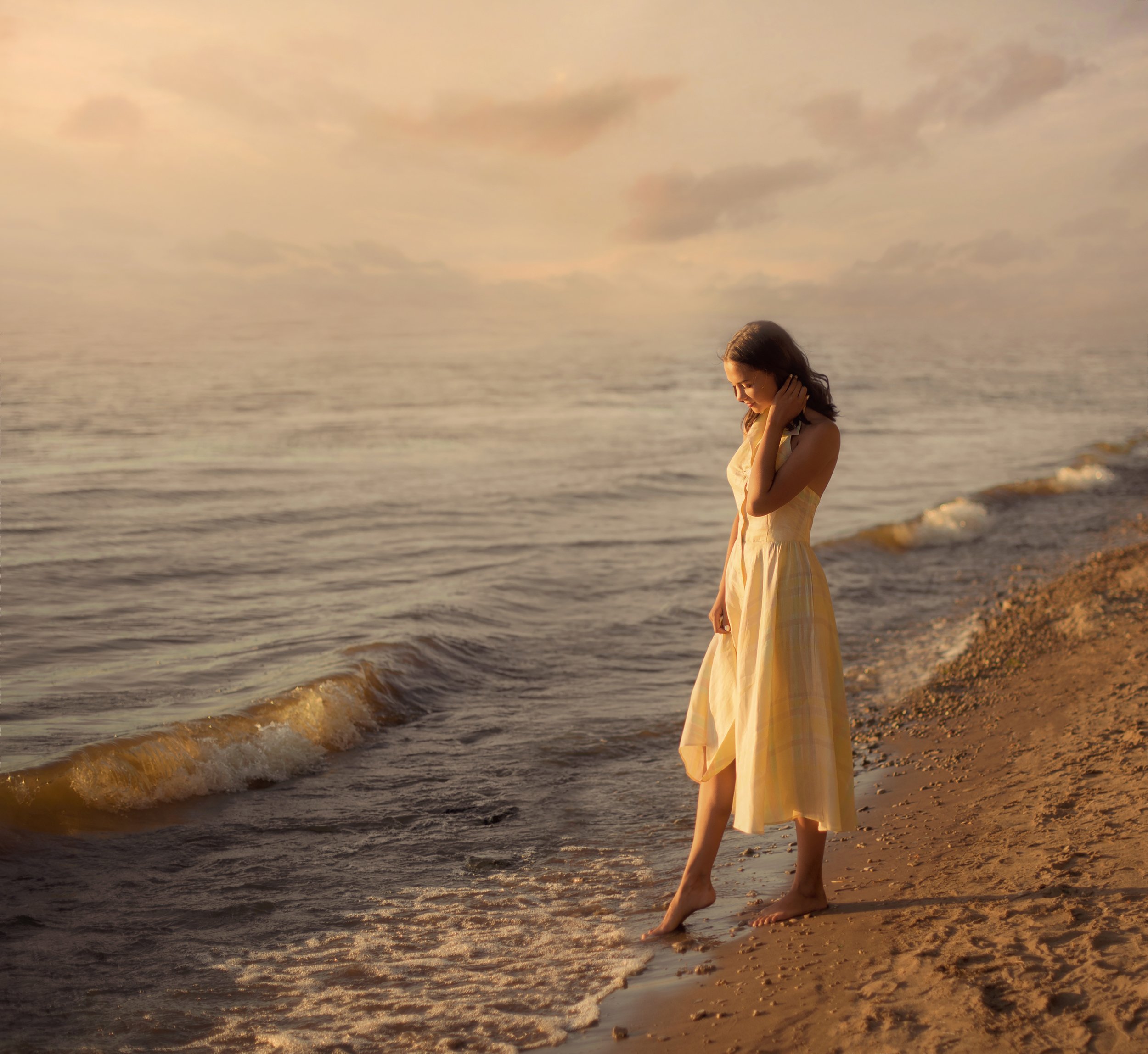 закат, девушка, лето, солнце, романтика, море, пляж, Екатерина Лобанова