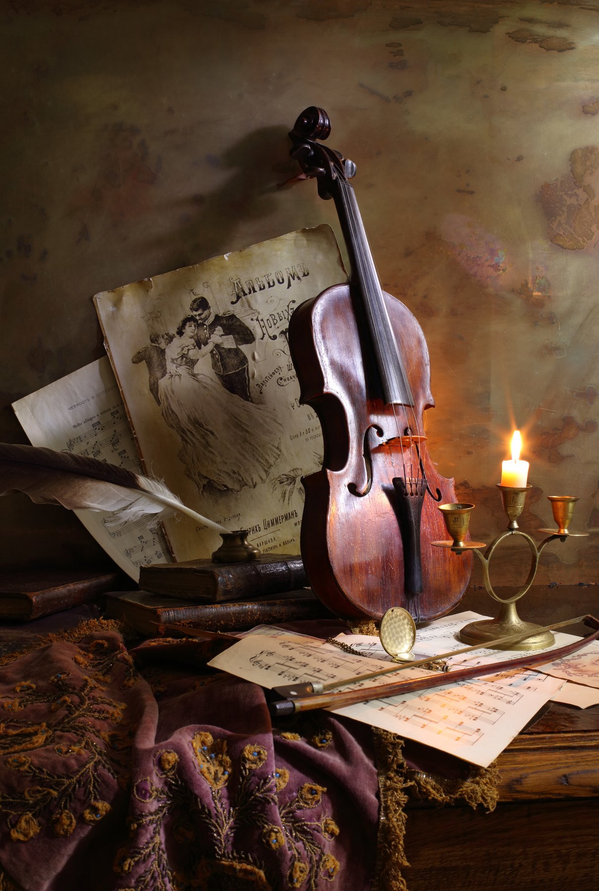 скрипка, музыка, свеча, книги, Андрей Морозов