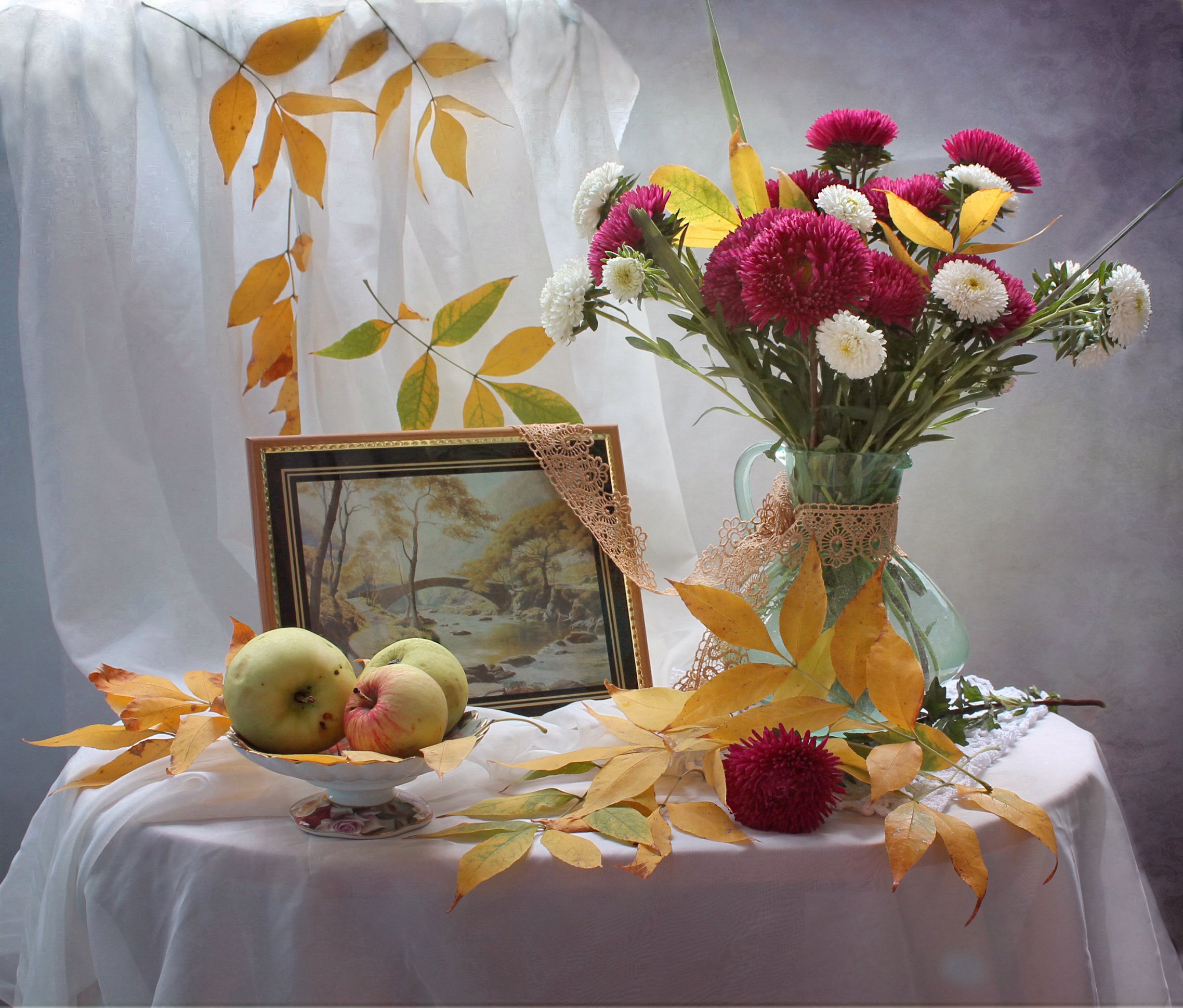 натюрморт, осень, листья, цветы, астры, яблоки, Ковалева Светлана