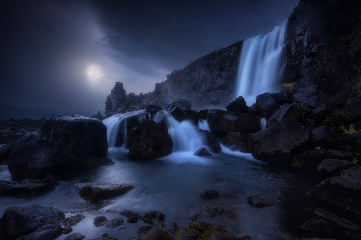 oxararfoss, iceland, waterfall, river, rocks, landscape, night, moon, , Roberto Pavic