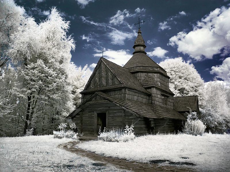 храм, лето, ИК, пейзаж про заснеженное лето...photo preview
