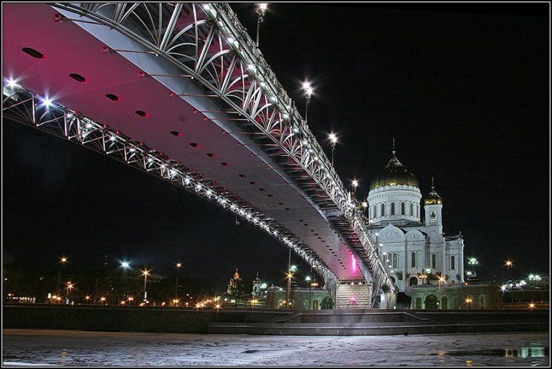 москва, город, храм, река, вода, лед, мост, опоры, свет, фонари, dyadyavasya Мост к Храмуphoto preview