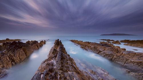 Sunset over the basalt rock formations 
