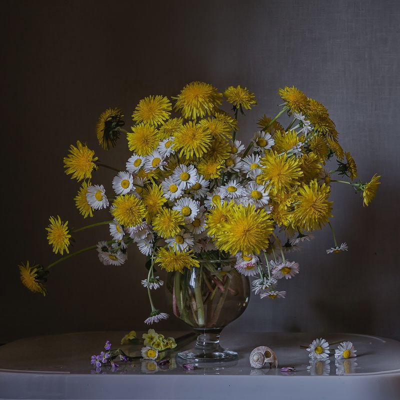 натюрморт, стекло, бокал, цветы, одуванчики, маргаритки Одуванчики и маргариткиphoto preview