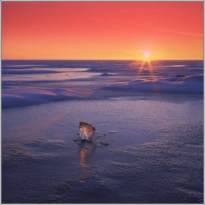 зима, залив, лёд, закат, Григорий Иващенко