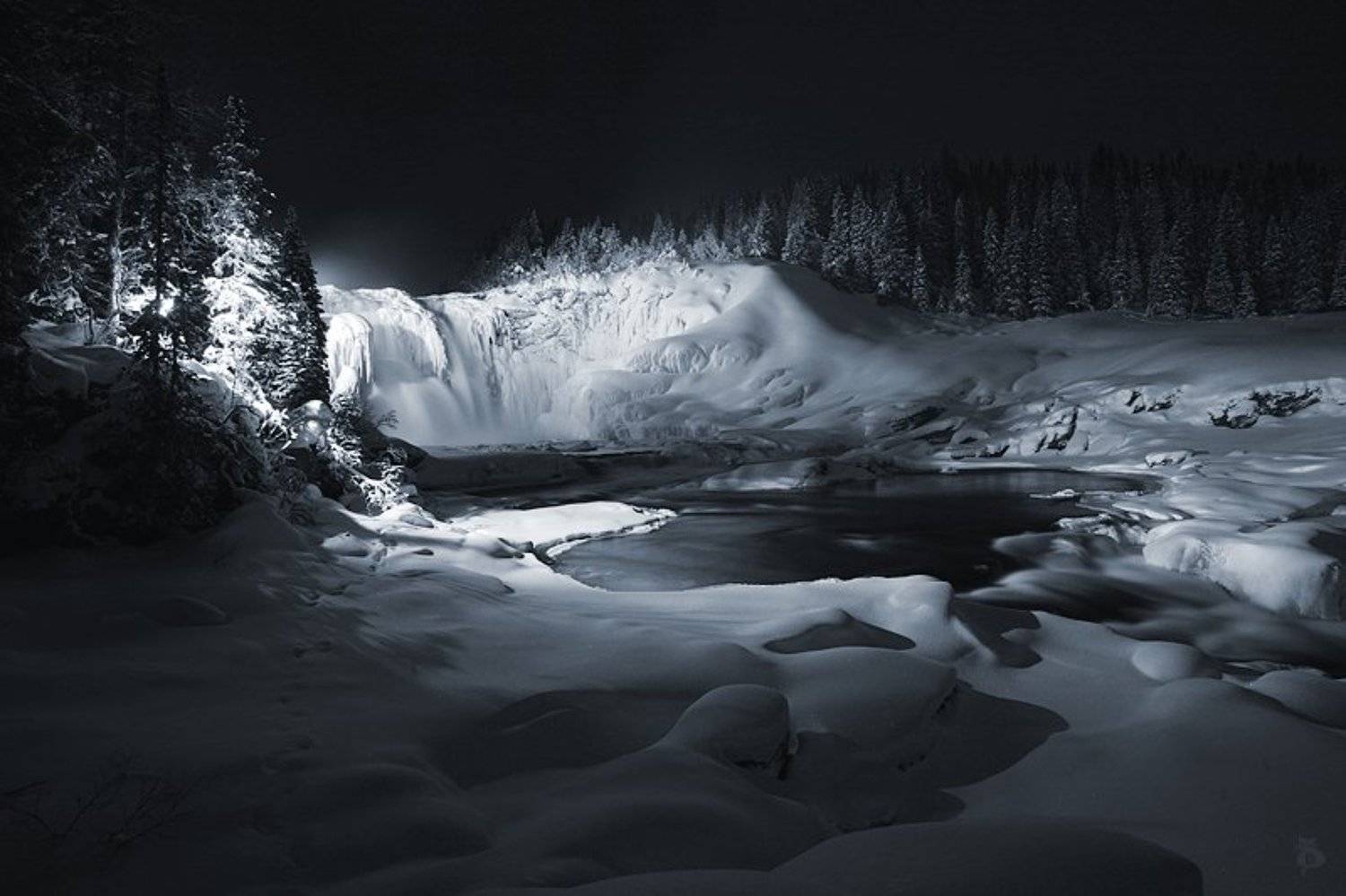 швеция, зима, снег, водопад, лед, белая, нега, берега, ночь, Darn Cat