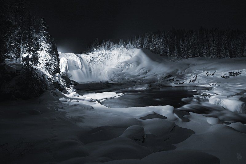 швеция, зима, снег, водопад, лед, белая, нега, берега, ночь Белая негаphoto preview