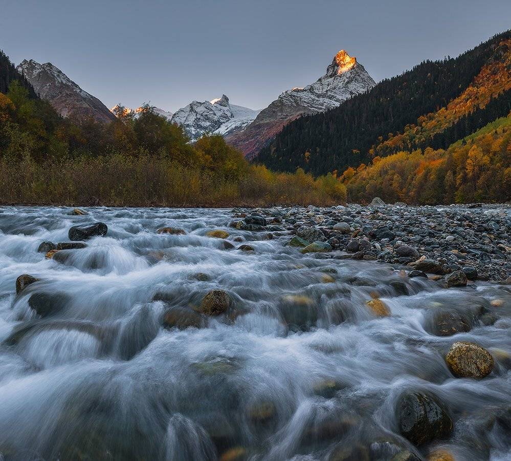 осень западный кавказ домбай аманауз белалакая рассвет, Николай Мысливцев