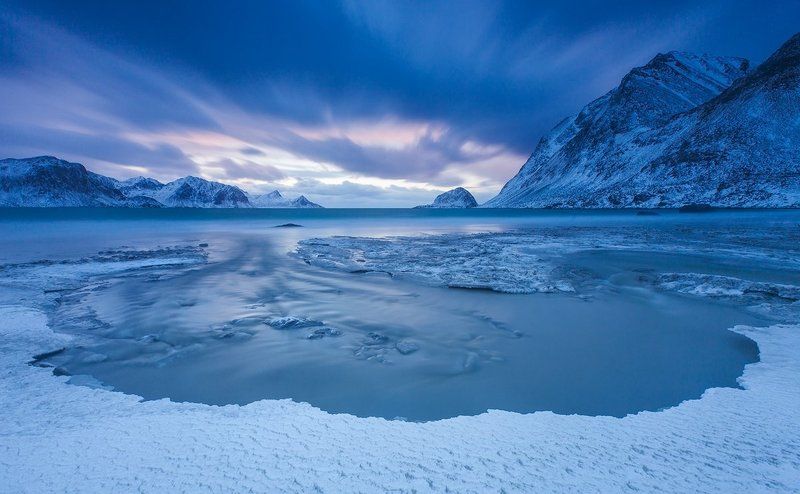 Длинная выдержка, Закат, Зимний пейзаж, Лофотены, Норвегия Про арктического джиннаphoto preview