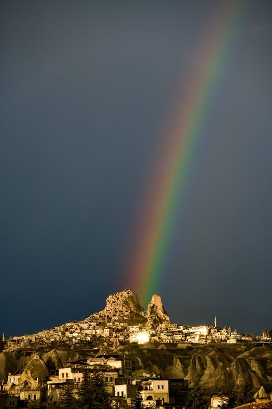 rainbow, night, sky, landscape, turkey, cappadocia, rocks, mountains, rain, city, cityscape, city view, travel, пейзаж, горы, радуга, ночь, небо, облака, каппадокия Night rainbowphoto preview