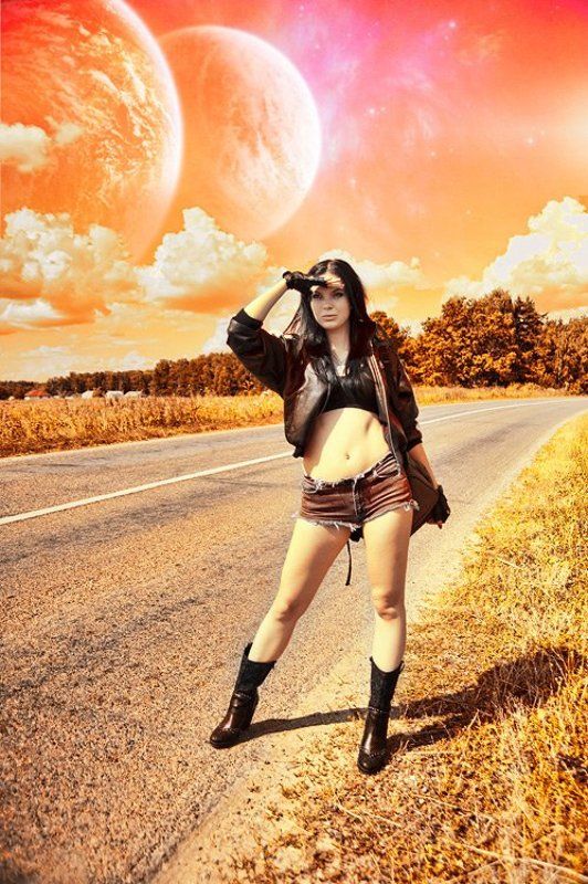 настя, дорога, коллаж, девушка, портрет, природа Автостопом по Галактикеphoto preview