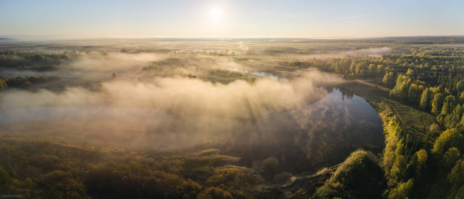 пейзаж, туман, рассвет, утро, мороз, иней, осень, река, север, коми, дрон, аэросъёмка, Чаланов Иван