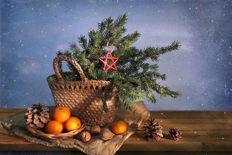 натюрморт,елка,мешковина,мандарины,красная звезда,шишки,орехи С красной звездойphoto preview