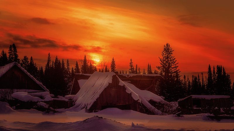landscape nature  winter sunset village sundownphoto preview