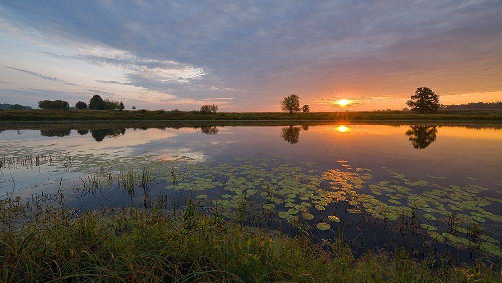 осень, рассвет, озеро, солнце, облака, отражения, Андрей Алексеев