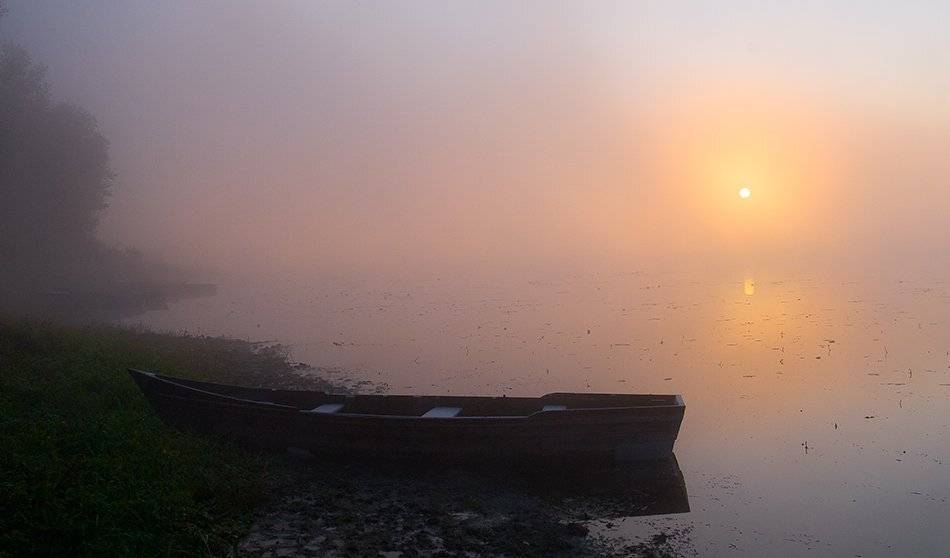 осень, туман, рассвет, солнце, лодка, деревья, отражения, Андрей Алексеев
