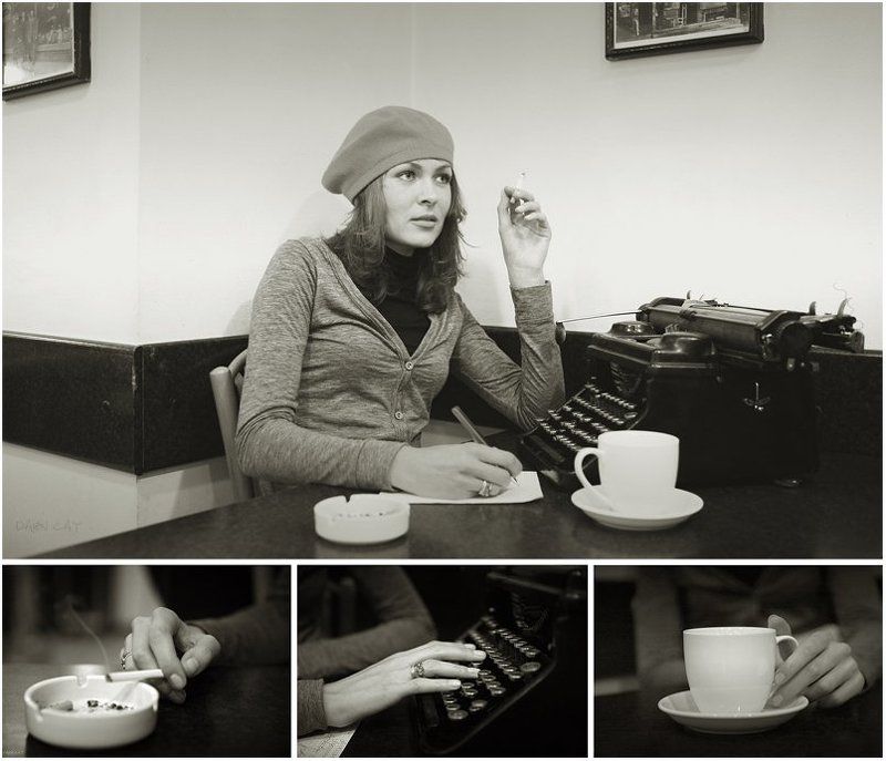 девушка, писательница, ретро, печатная, машинка, кофе, сигарета, французская, парижская, журналистка Парижская журналисткаphoto preview