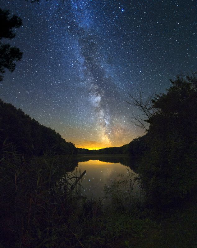 Ночь, небо, Млечный путь, звезды, отражение, озеро, берег Отражениеphoto preview