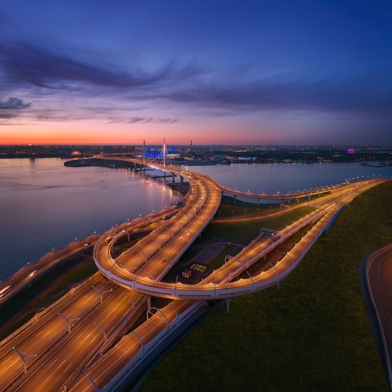 санкт-петербург, зсд, панорама, вечер, мост, вантовый Вечерний Петербург. Вид на ЗСД и мост через Корабельный фарватерphoto preview