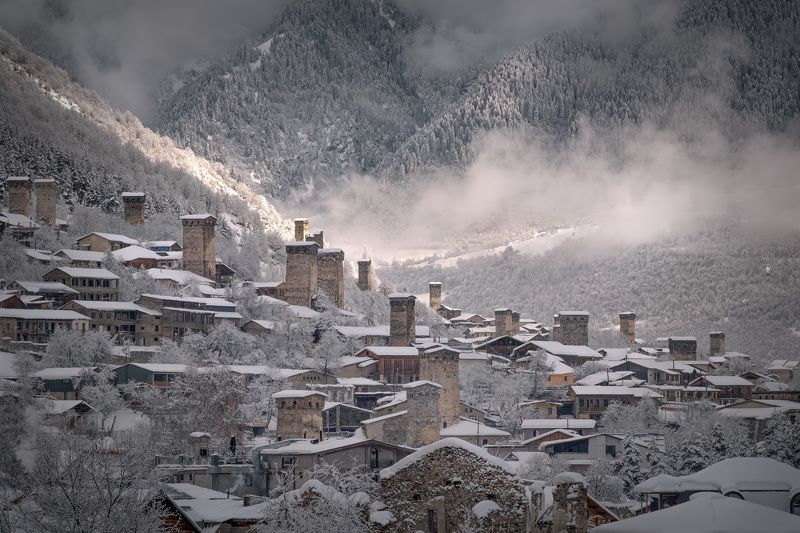 svaneti, mestia, town, towers, snow, snowfall, winter, january, mountains, nature, high, landscape, scenery, travel, outdoors, georgia, sakartvelo, caucasus, chizh Mestia Towers After Snowfallphoto preview