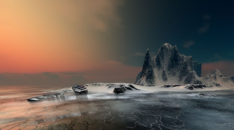 пейзаж, природа, зима, море, горы, небо, лодка, лед Причал заброшенных лодокphoto preview