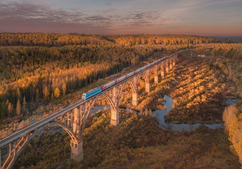 поезд, ржд, виадук, осень, пейзаж, рассвет, электровоз Photo #122photo preview