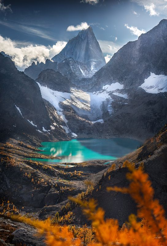 landscapes, outdoor, photography, canada, alberta, autumn, larches, mountains, snow, ice, lake, peak, light, mood, travel, no people, rocky mountains, dramatic The Peakphoto preview