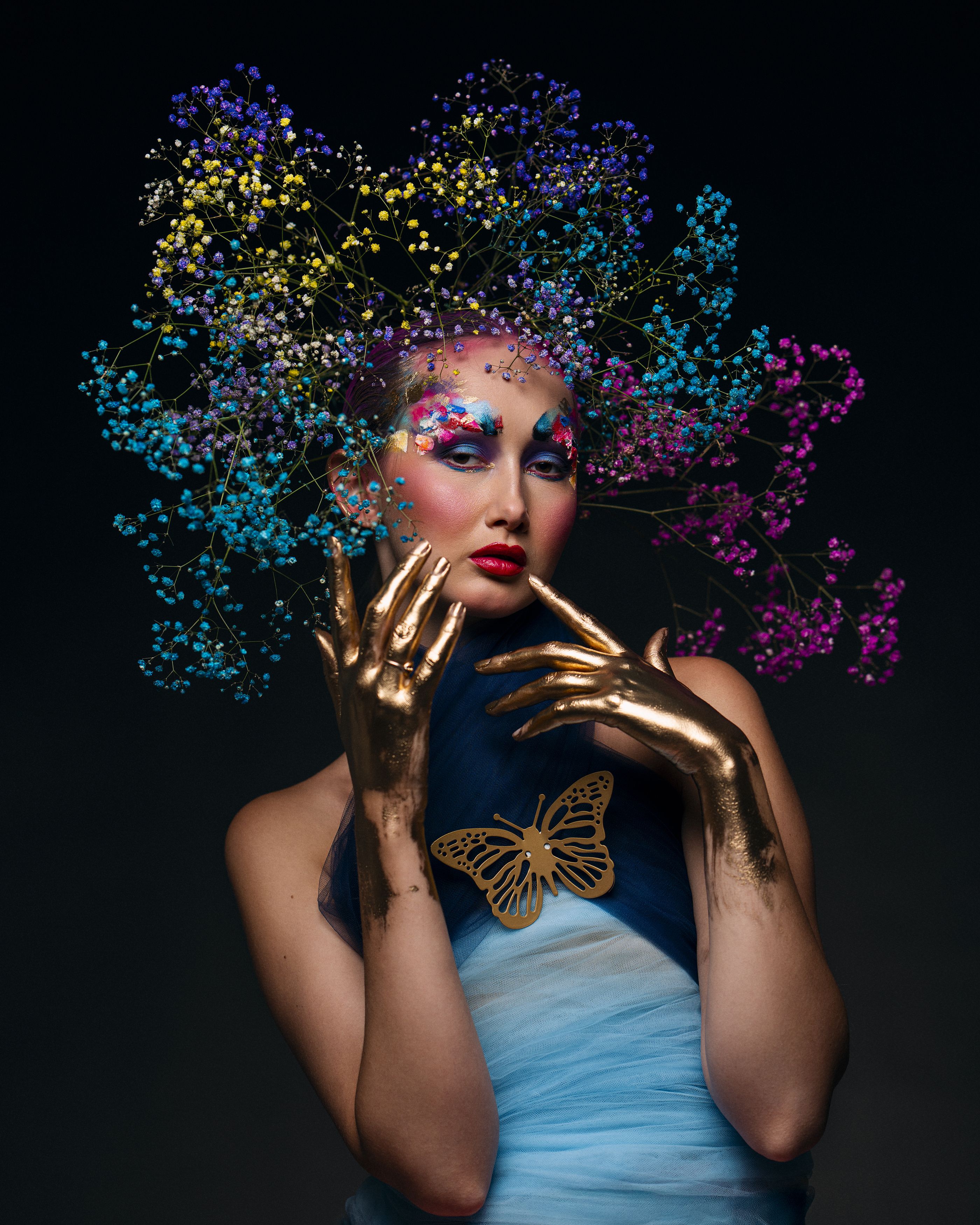 abstract fantasy, avant garde, body paint, bold makeup, color burst, conceptual beauty, fantasy styling, fine art, floral headpiece, golden accents, intense palette, metallic paint, modern surrealism, poetic vision, visual impact, vivid expression Bloom of Revelationphoto preview